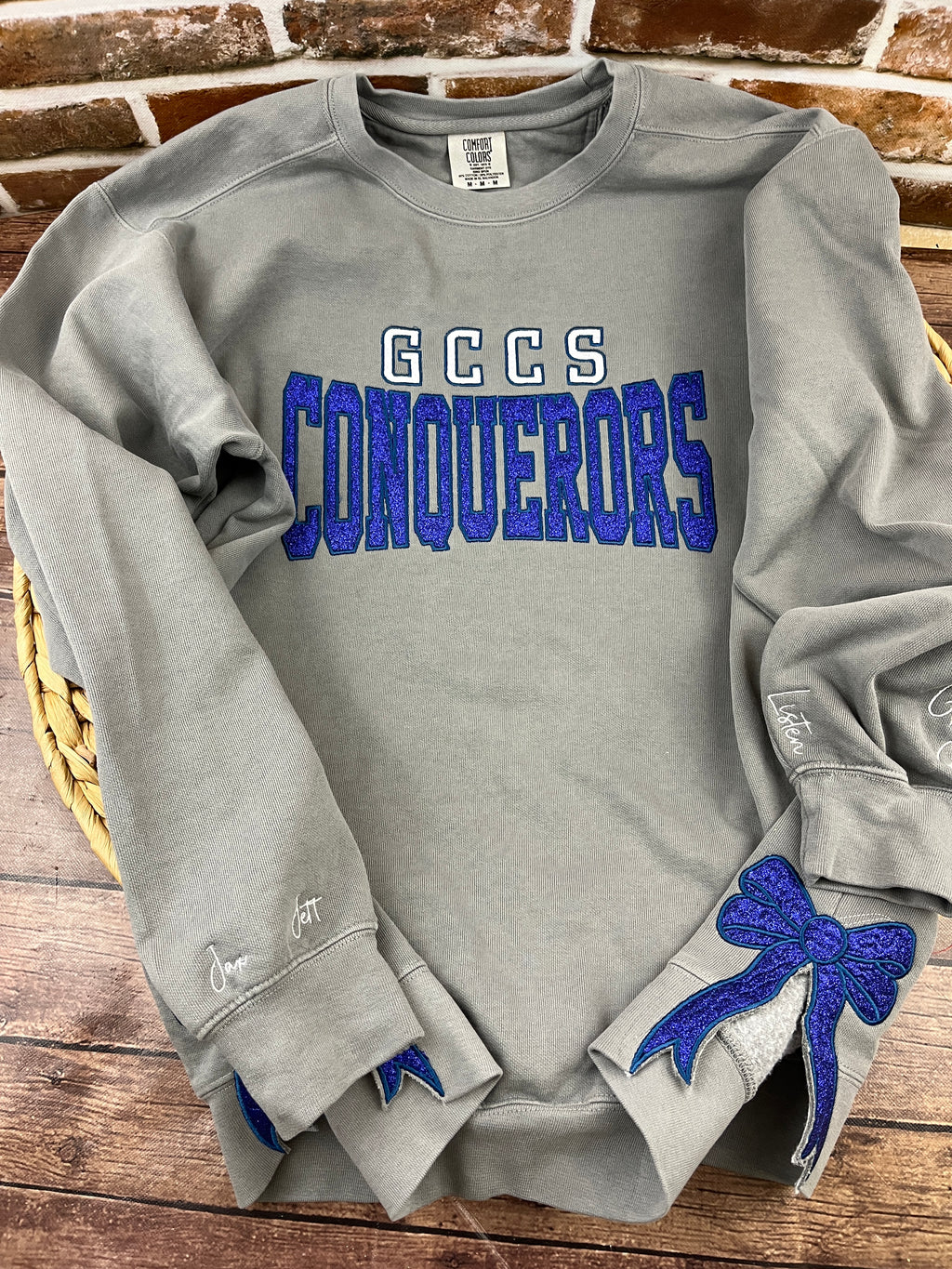 School spirit team sweatshirt with glitter applique and side bows - detail view 2