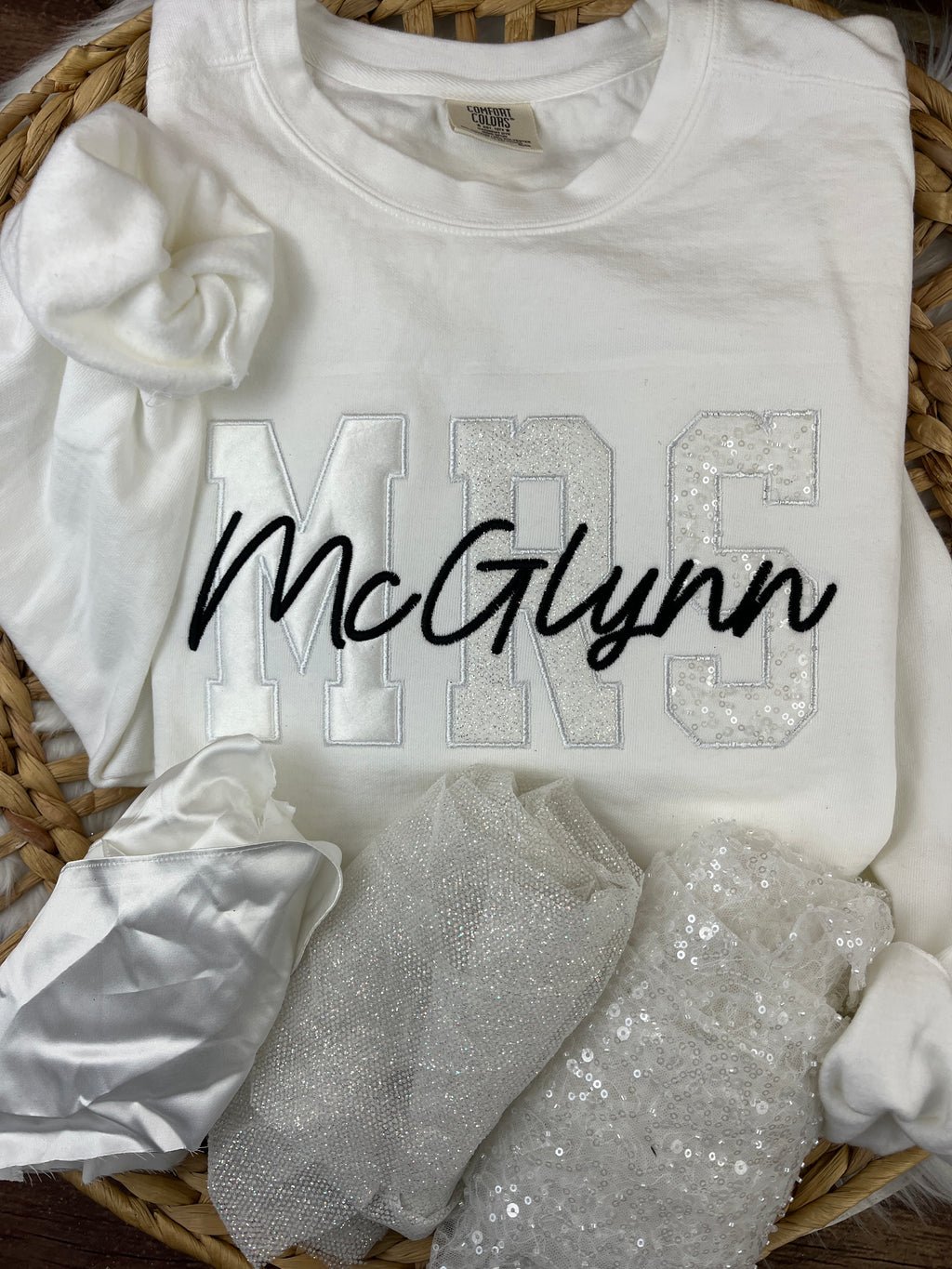 MRS applique sweatshirt in sage chinoiserie print with embroidered last name - detail view