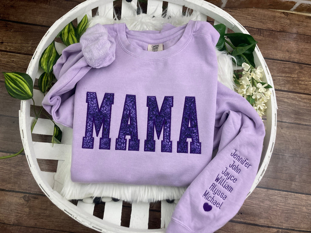 Keepsake mama sweatshirt appliqued from baby clothes and onesies