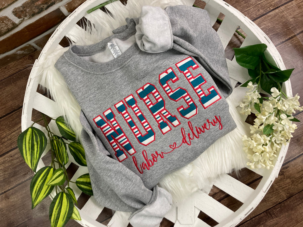 Nurse keepsake sweatshirt appliqued from a baby hospital swaddle blanket - alternate view