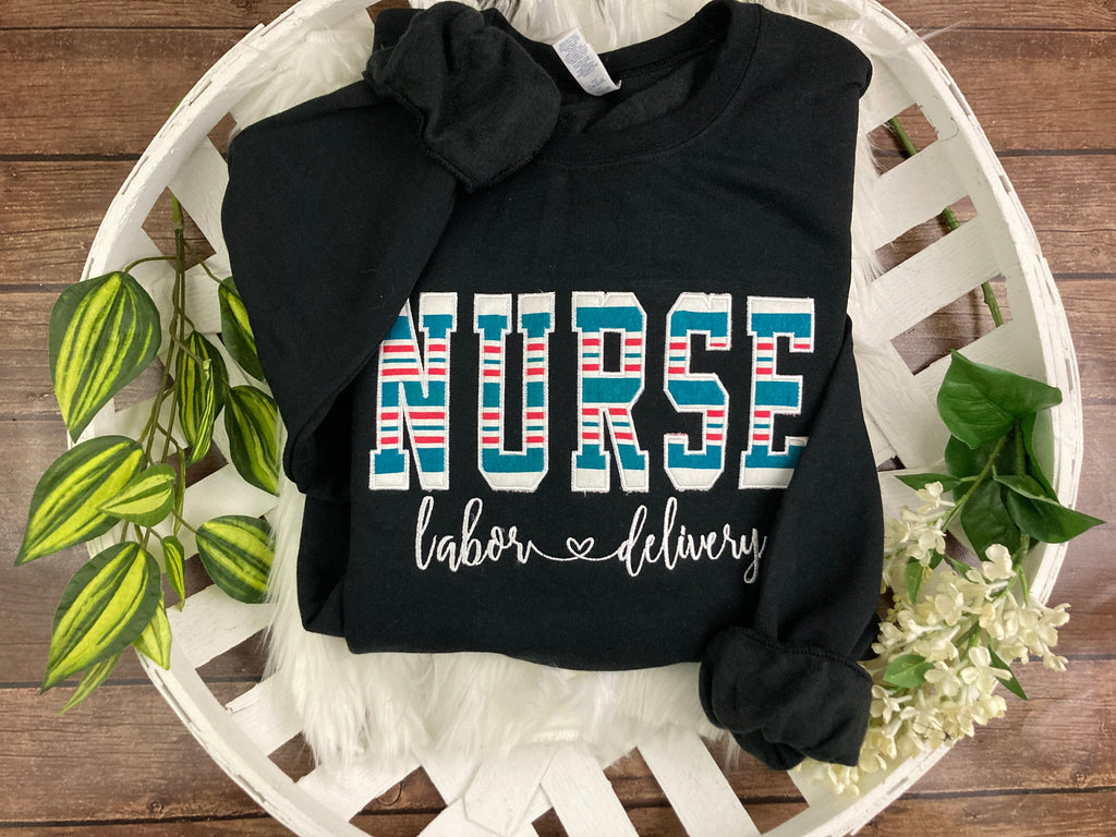 Bulk order nurse keepsake sweatshirts appliqued from hospital blankets - extra view