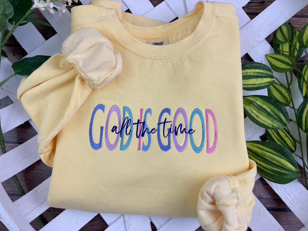 Embroidered God is Good All the Time Christian scripture shirt