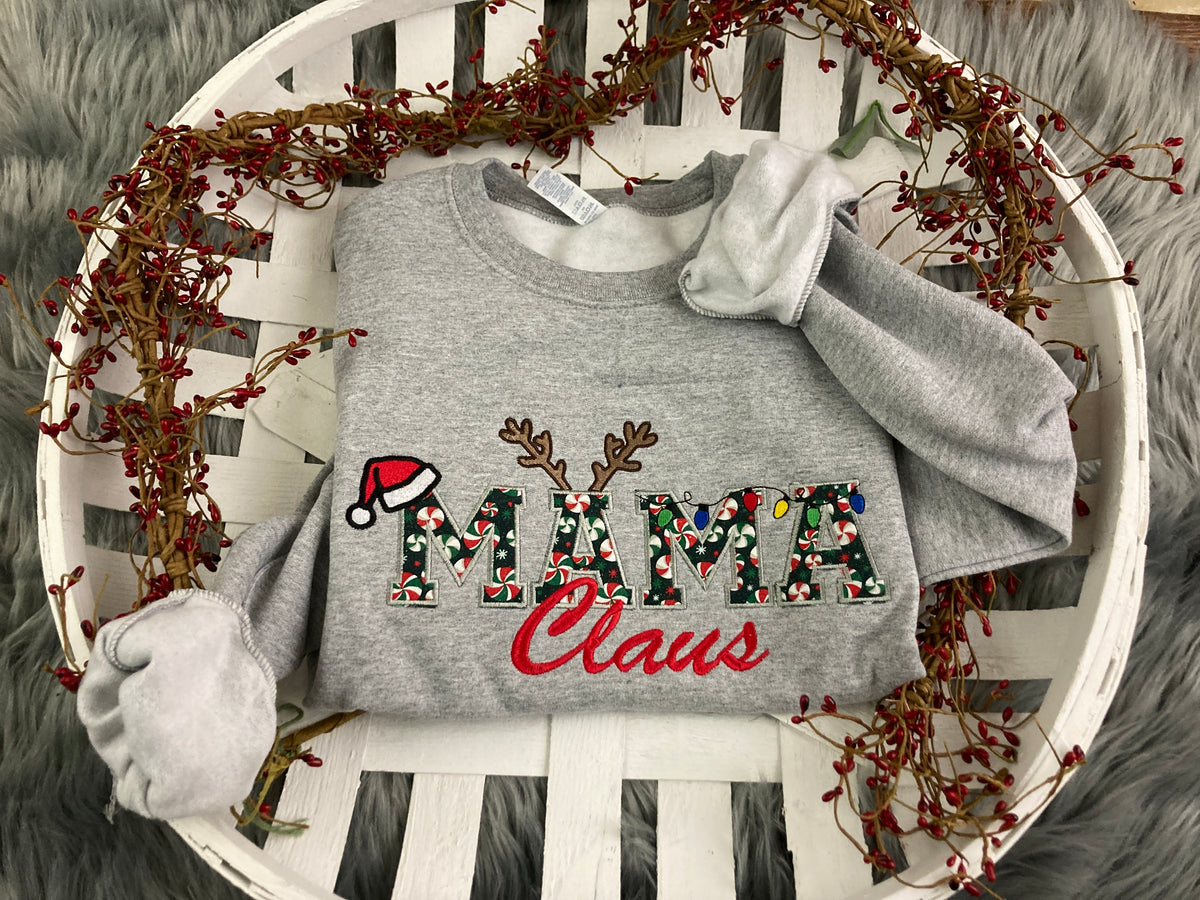 Mama Claus embroidered applique Christmas shirt - design close up