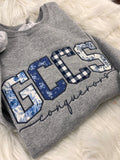 GCCS Conquerors appliqué crewneck sweatshirt, mixed blue fabric letters with navy script