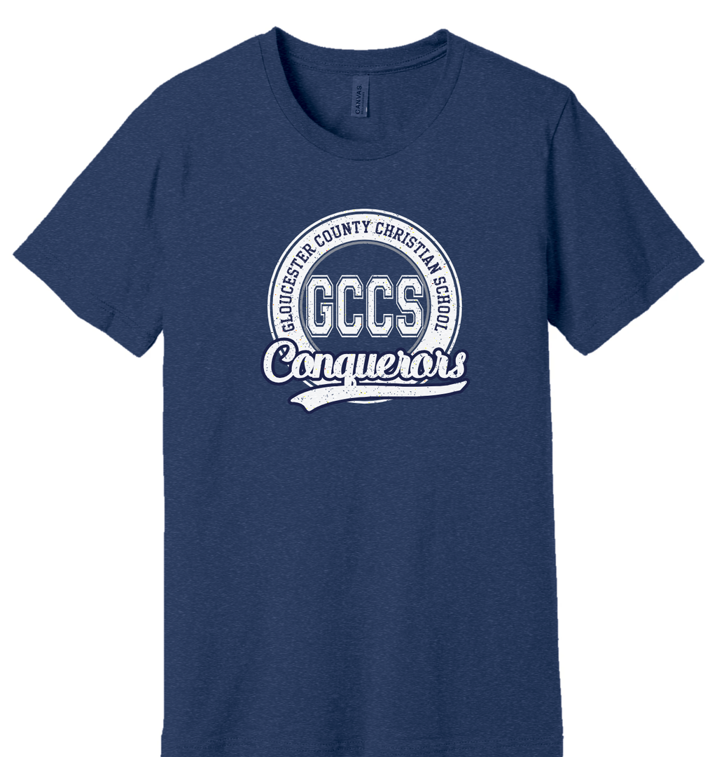 GCCS Conquerors circle badge t-shirt, white and silver on Heather Navy