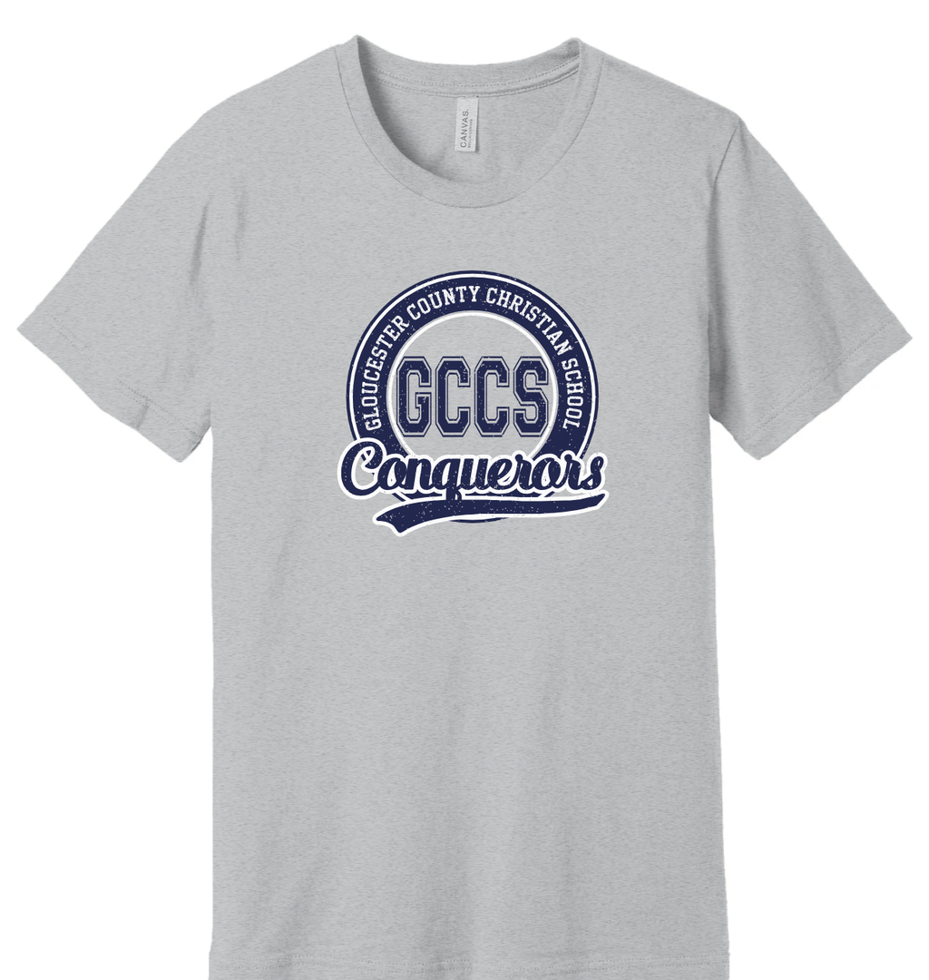 GCCS Conquerors circle badge t-shirt, navy on Athletic Heather