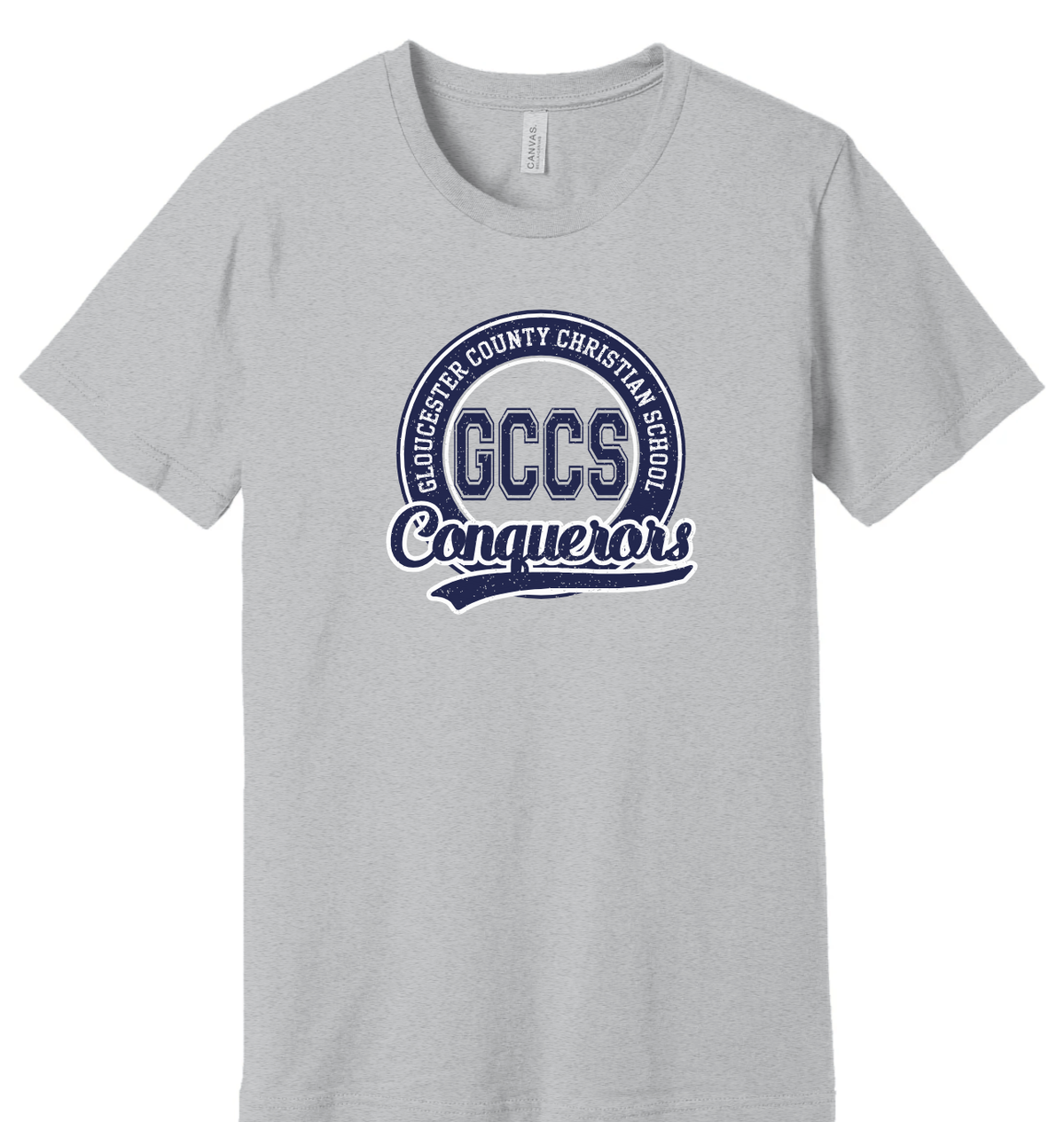 GCCS Conquerors circle badge t-shirt, navy on Athletic Heather