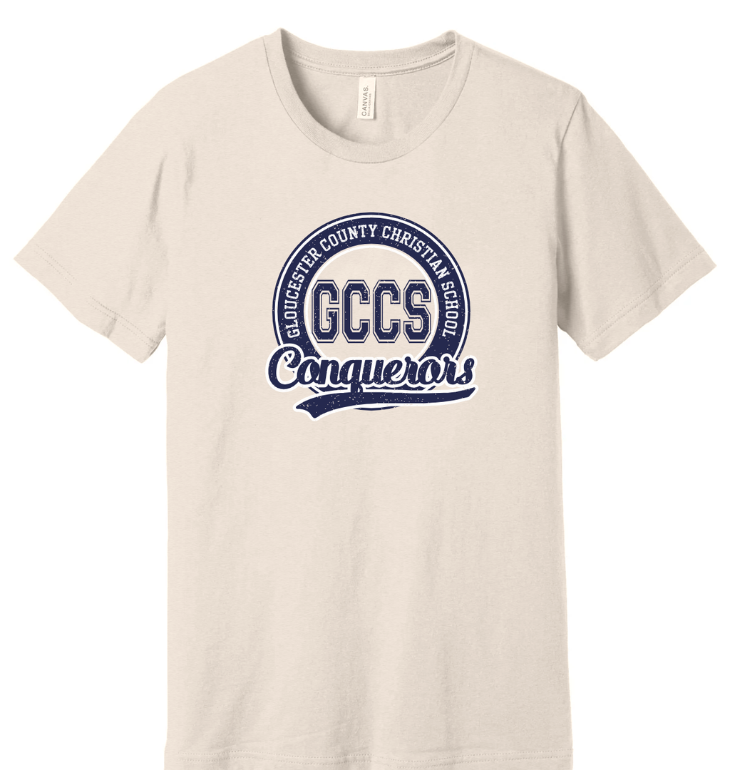 GCCS Conquerors circle badge t-shirt, navy on Heather Antique White