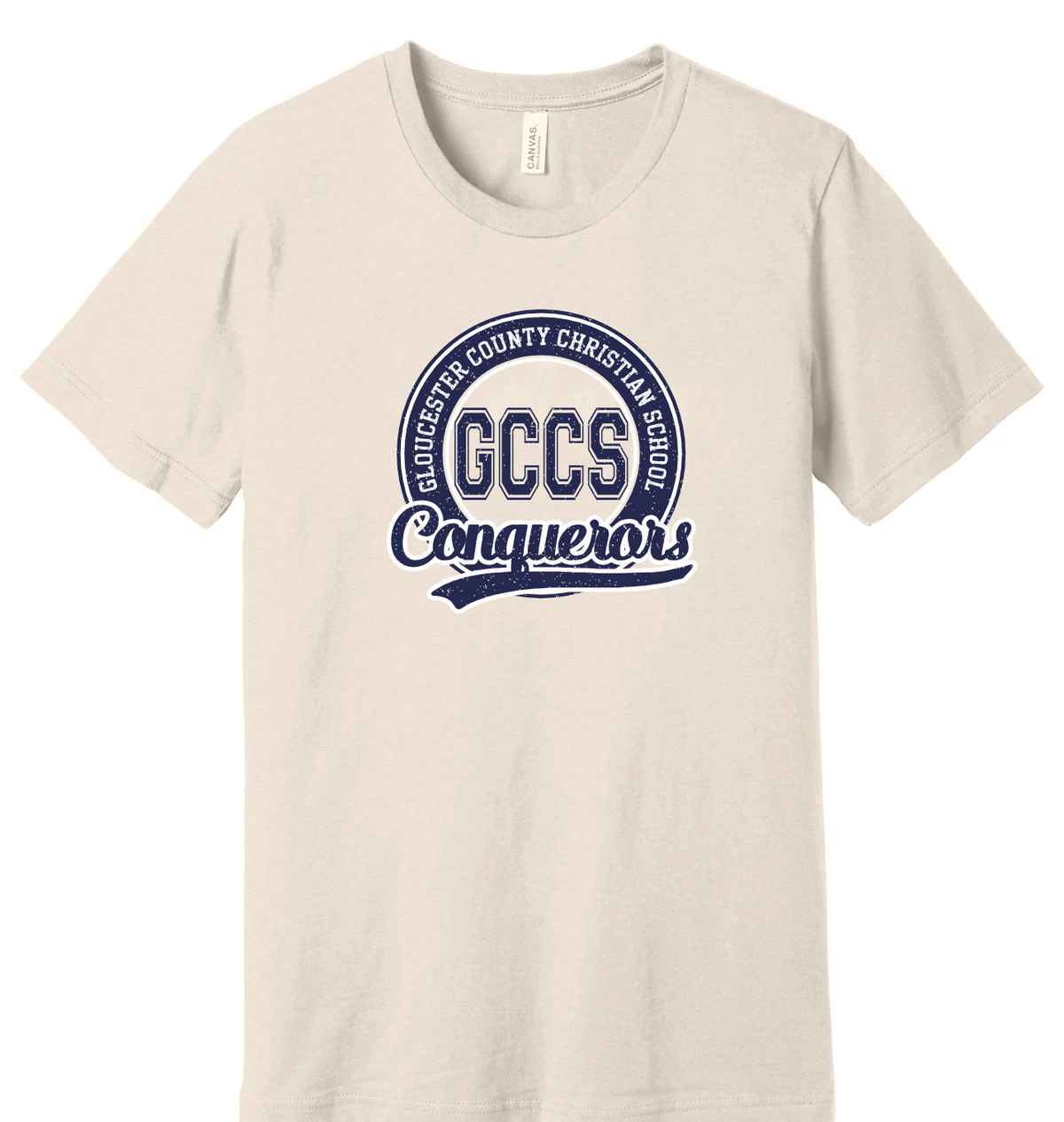 GCCS Conquerors circle badge t-shirt, navy on Heather Antique White
