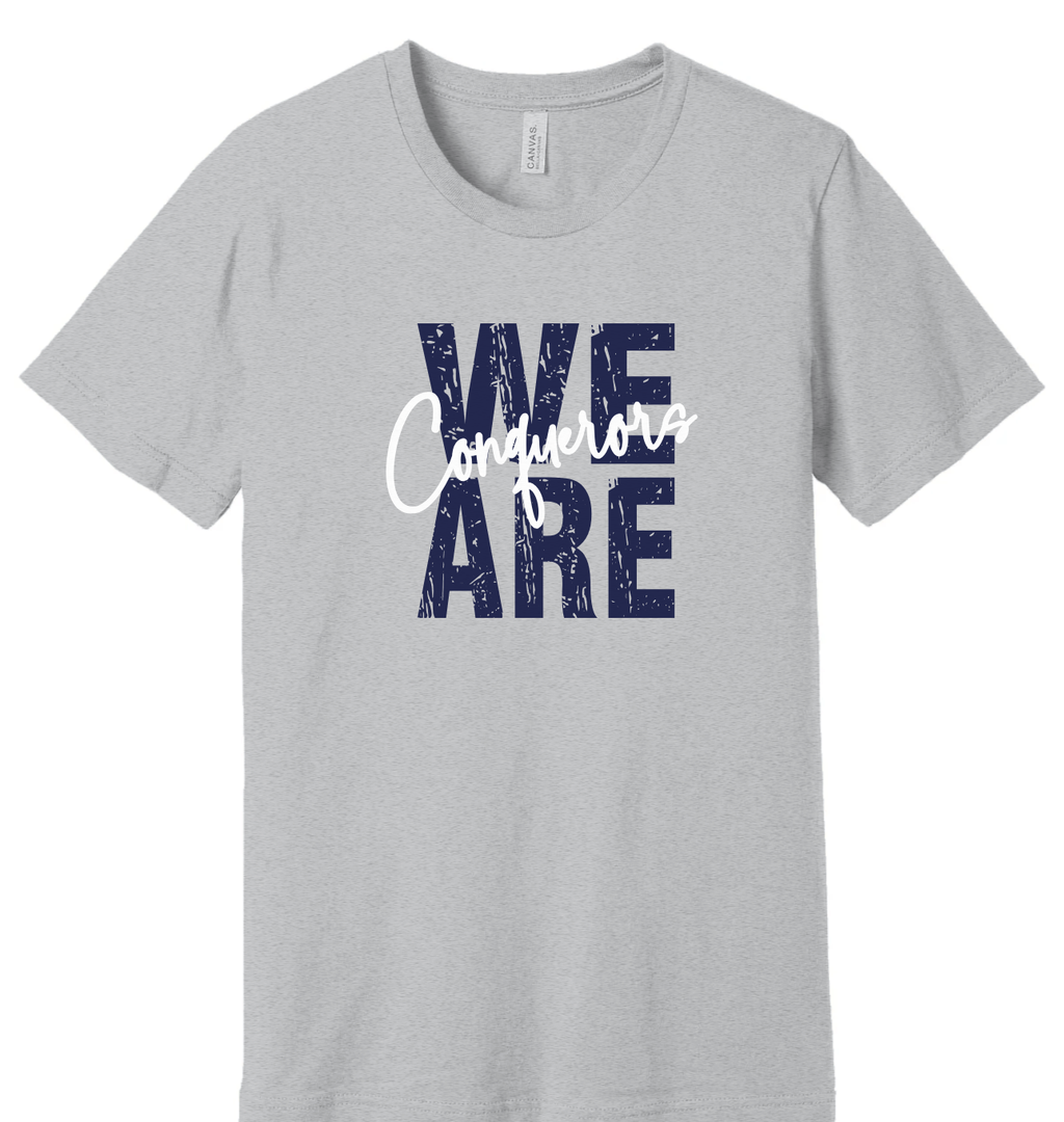 GCCS We Are Conquerors distressed t-shirt, navy and white on Athletic Heather