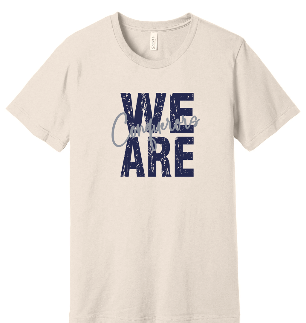 GCCS We Are Conquerors distressed t-shirt, navy on Heather Antique White