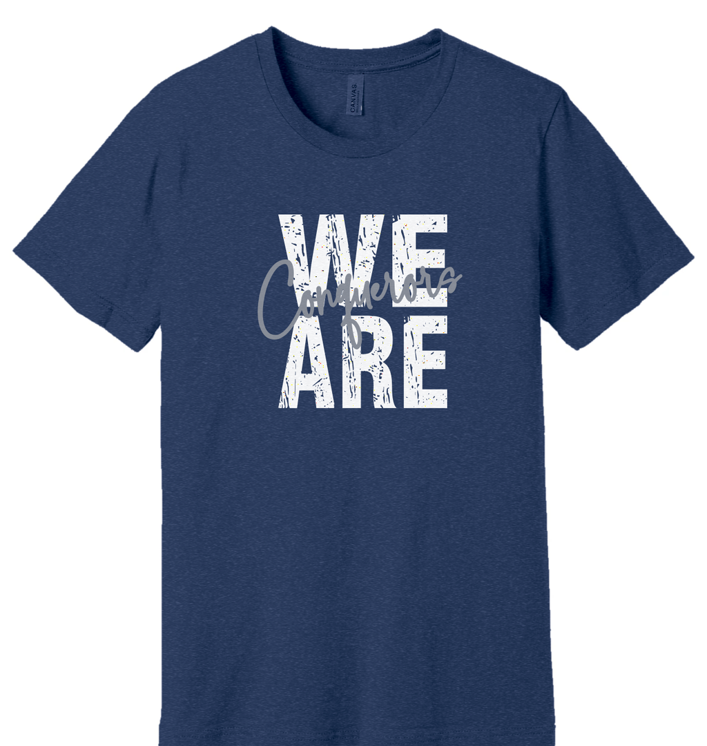 GCCS We Are Conquerors distressed t-shirt, white and silver on Heather Navy
