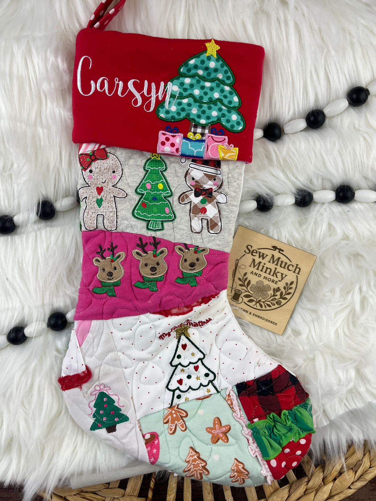 Memory keepsake Christmas stocking quilted from baby clothes with name cuff - detail view 14