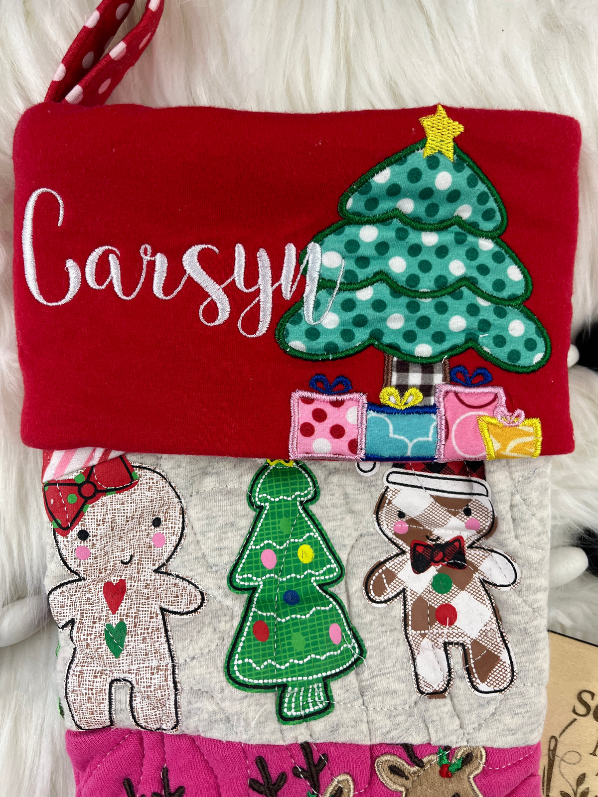Memory keepsake Christmas stocking quilted from baby clothes with name cuff - detail view 13