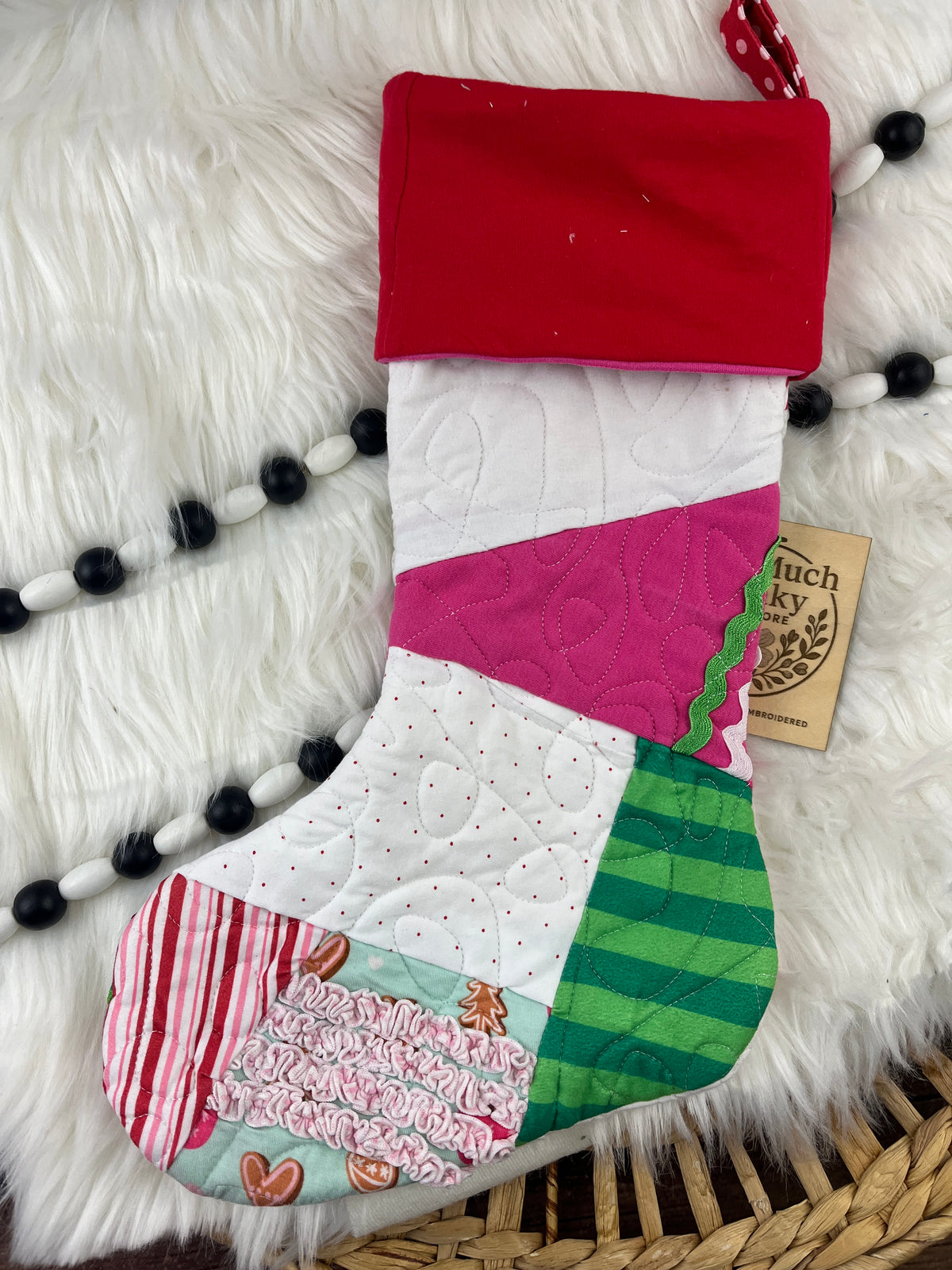 Memory keepsake Christmas stocking quilted from baby clothes with name cuff - detail view 12