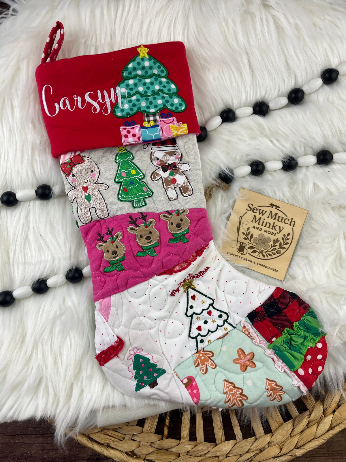 Memory keepsake Christmas stocking quilted from baby clothes with name cuff - detail view 11
