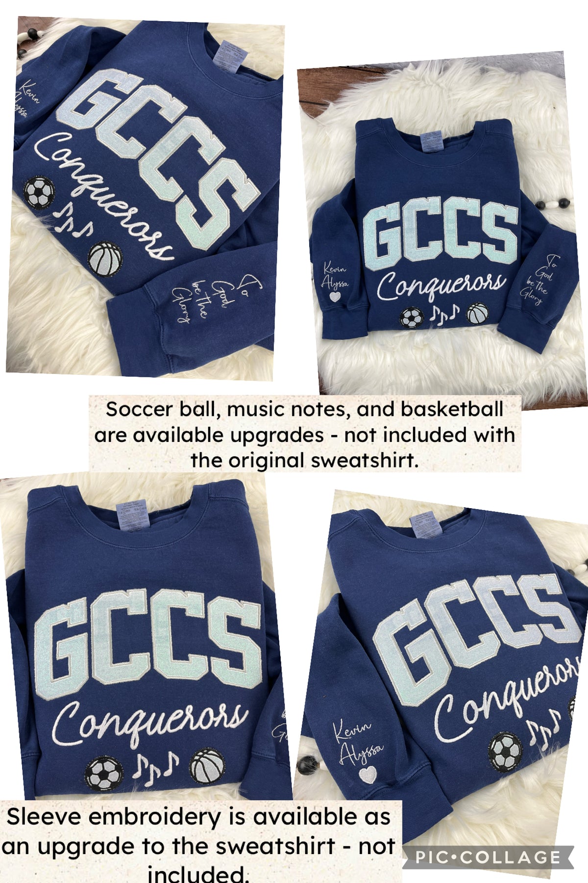 School spirit sweatshirt with glitter or sequin applique and cursive script
