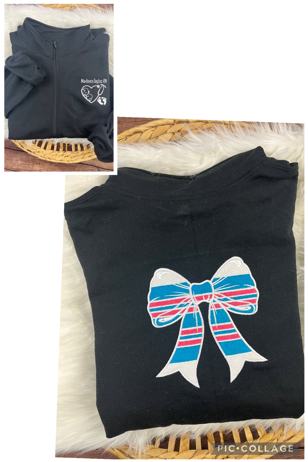 Nurse quarter zip sweatshirt with bow detail from a swaddle blanket