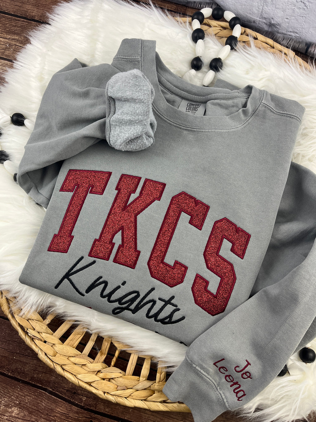 Custom embroidered school spirit crewneck sweatshirt - detail view