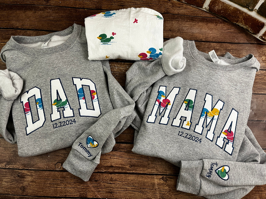 Curved MAMA embroidered sweatshirt made from a hospital swaddle blanket - detail view