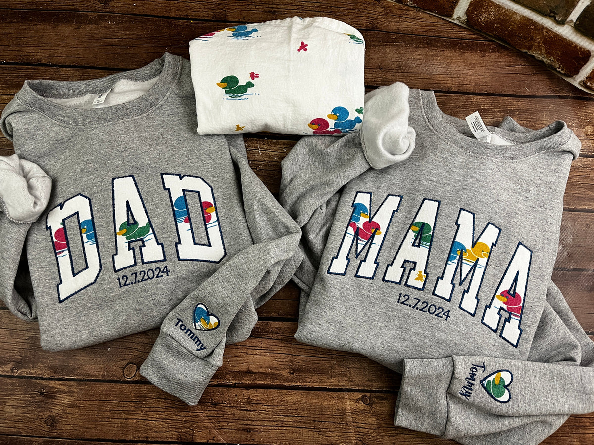 Curved MAMA embroidered sweatshirt made from a hospital swaddle blanket - detail view
