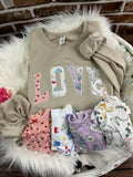 Curved love keepsake sweatshirt appliqued from baby clothes