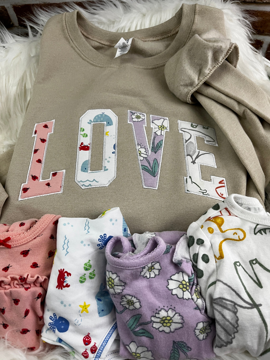Curved love keepsake sweatshirt appliqued from baby clothes - alternate view
