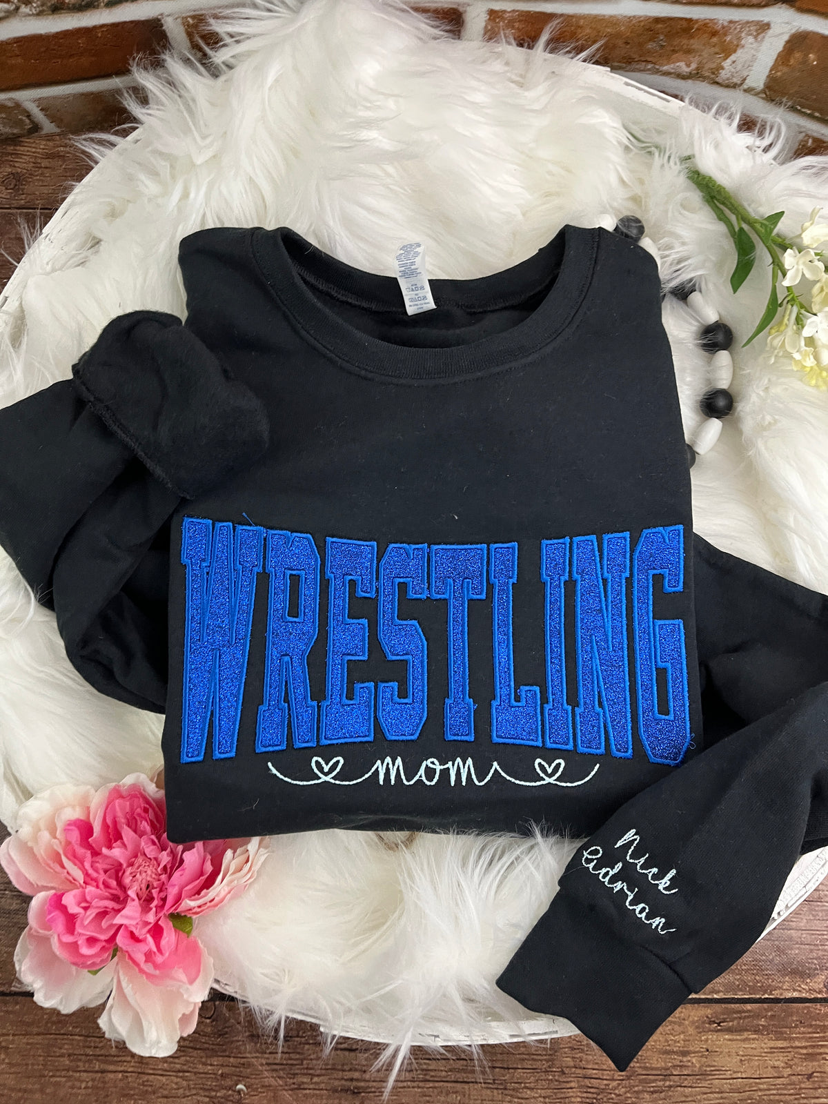 Wrestling mom custom glitter embroidered sports sweatshirt - detail view