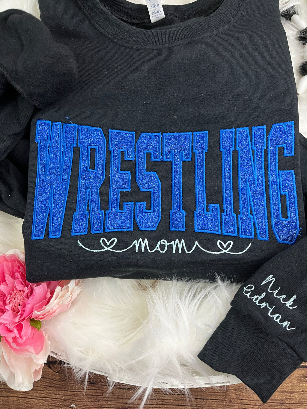Wrestling mom custom glitter embroidered sports sweatshirt - design close up
