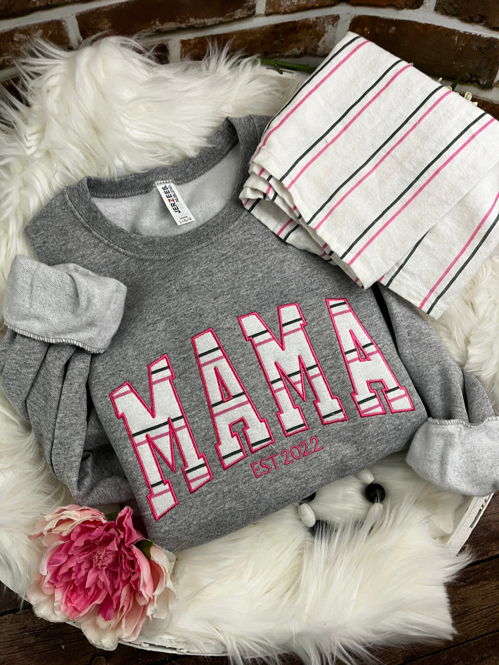 Curved MAMA embroidered sweatshirt made from a hospital swaddle blanket - fabric detail