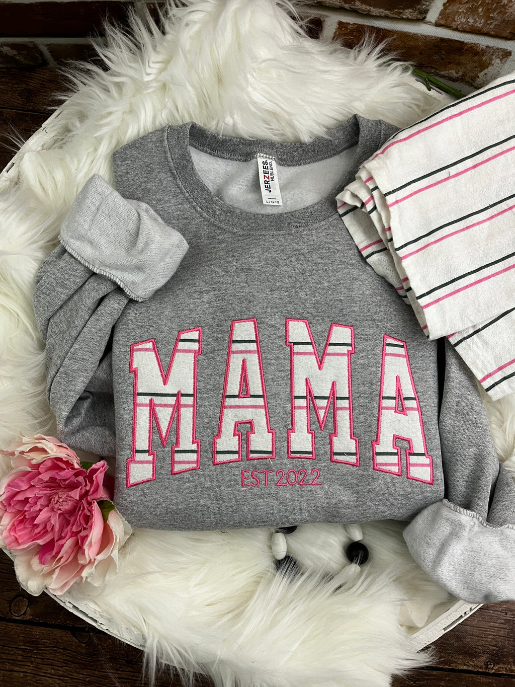 Curved MAMA embroidered sweatshirt made from a hospital swaddle blanket - second detail view