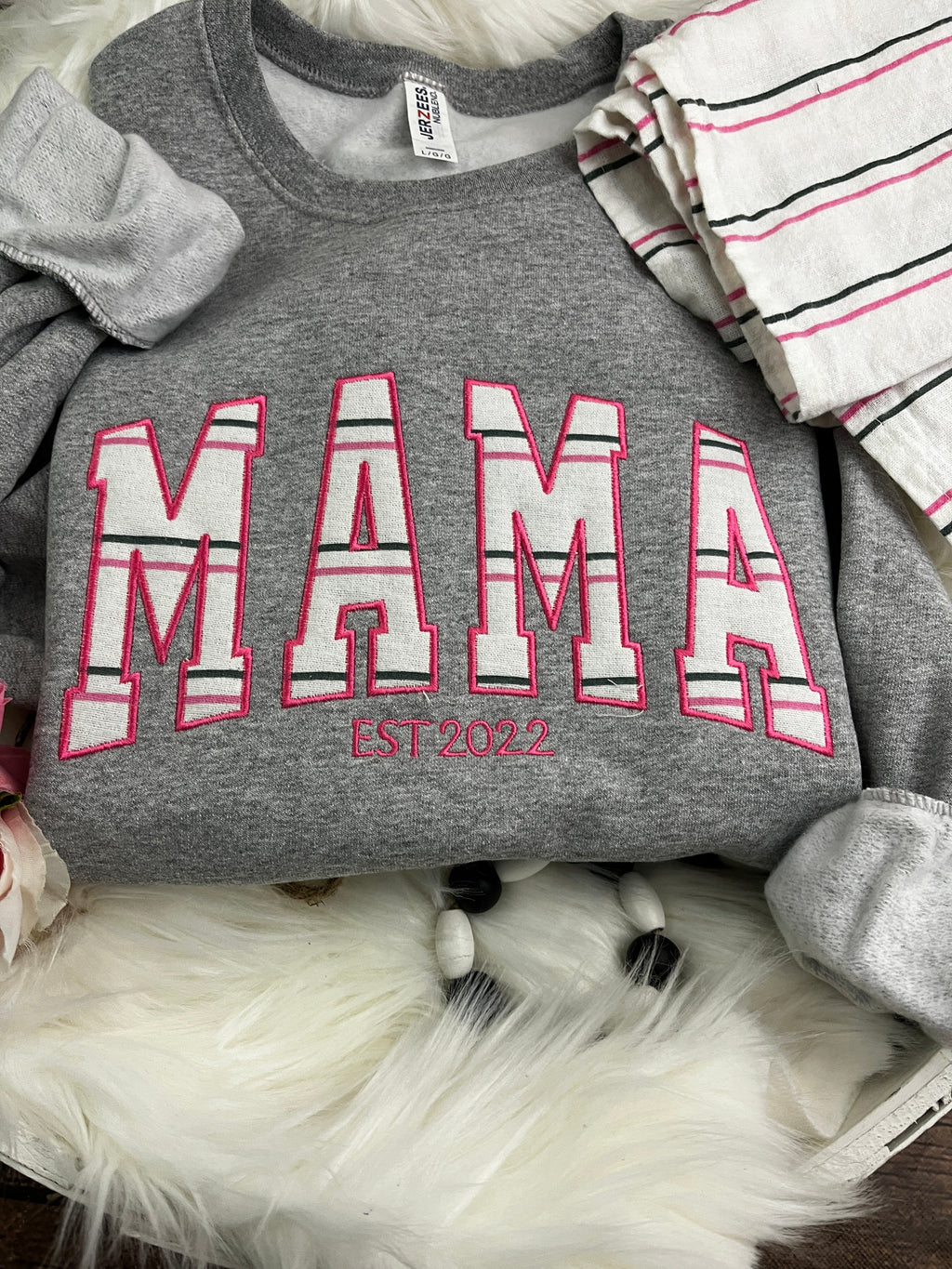 Curved MAMA embroidered sweatshirt made from a hospital swaddle blanket