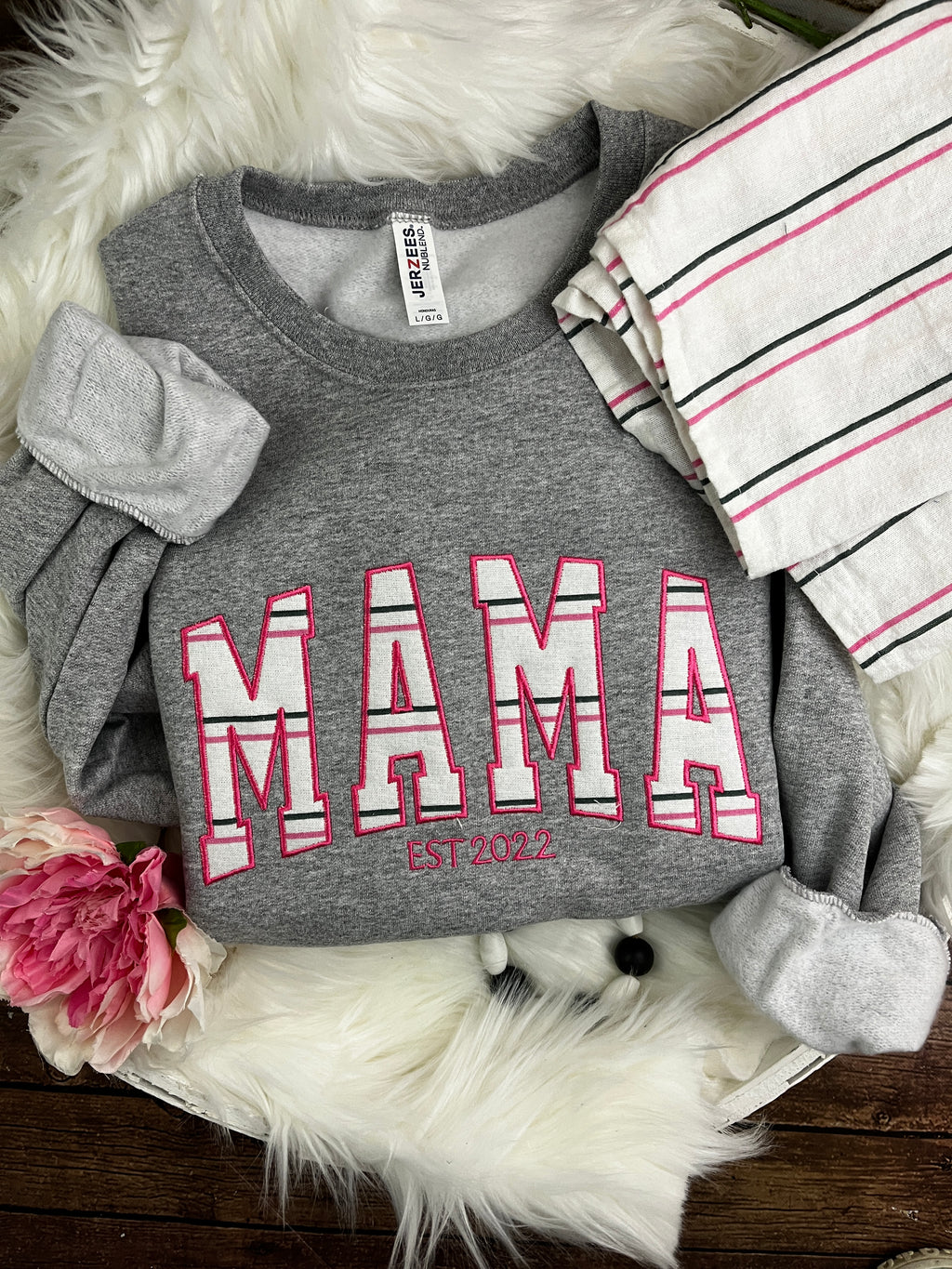 Curved MAMA embroidered sweatshirt made from a hospital swaddle blanket - alternate view