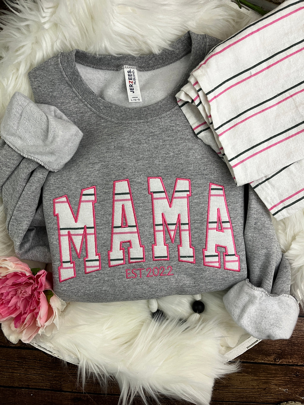 Curved MAMA embroidered sweatshirt made from a hospital swaddle blanket - close up view