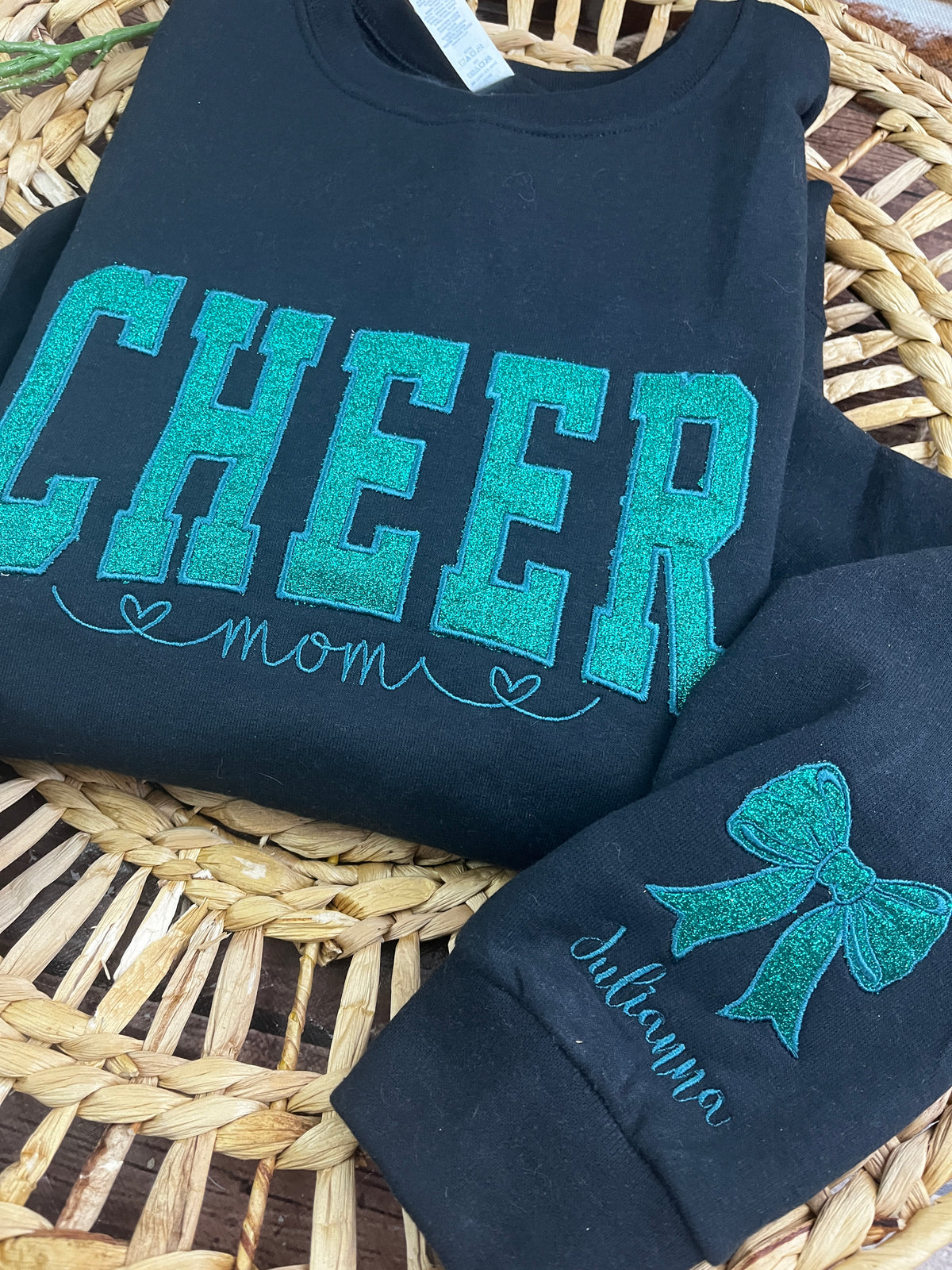 Cheer Mom custom glitter embroidered sports sweatshirt - second detail view