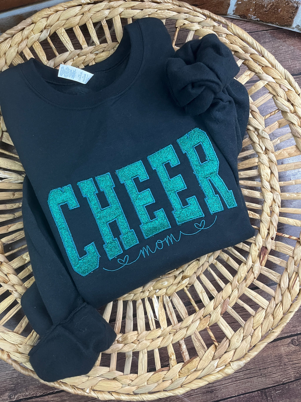 Cheer Mom custom glitter embroidered sports sweatshirt - close up view