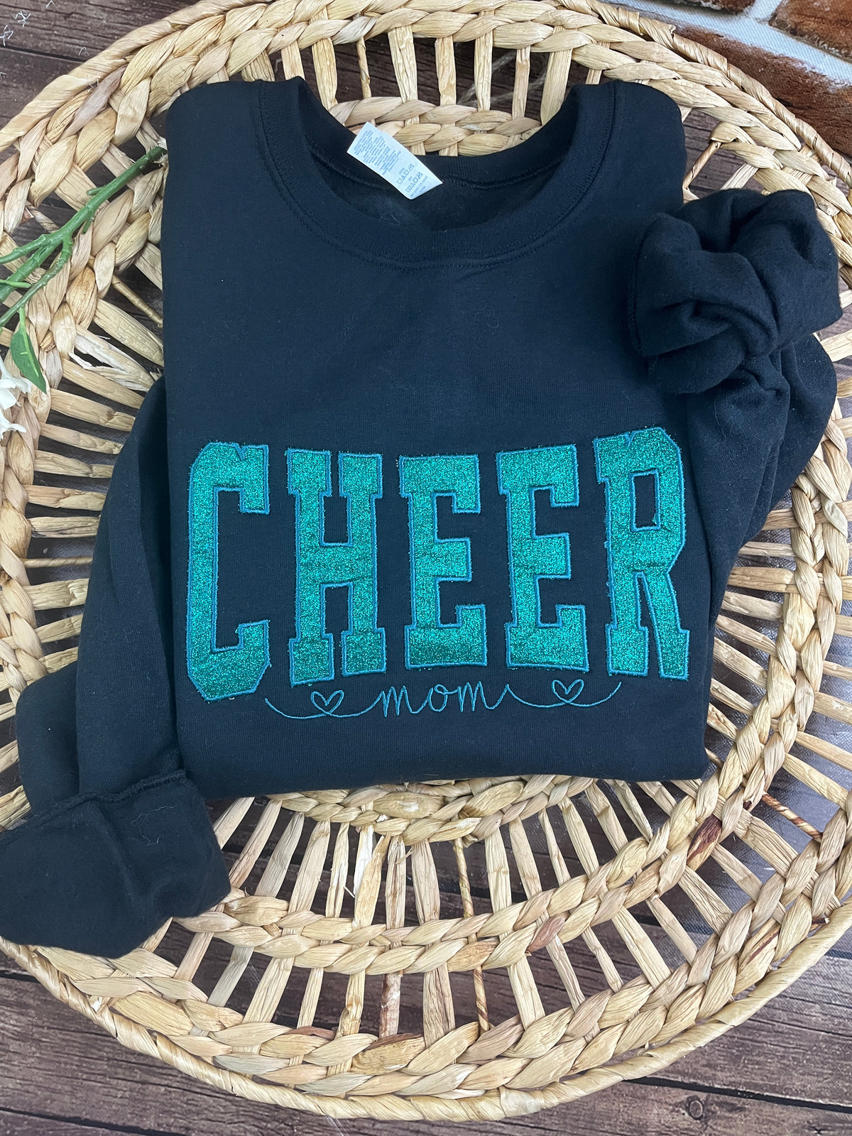 Cheer Mom custom glitter embroidered sports sweatshirt - detail view
