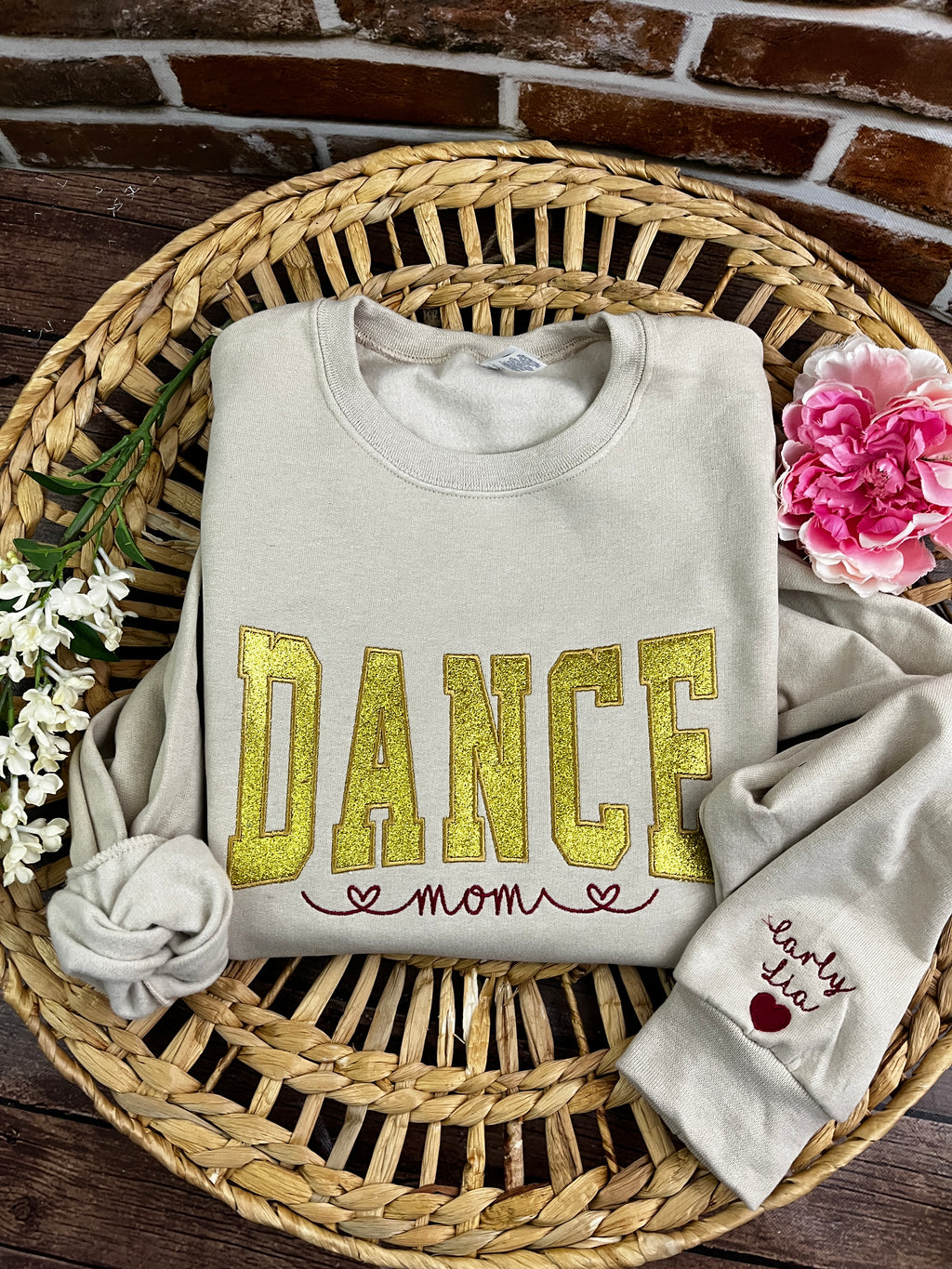 Dance Mom custom glitter embroidered sports sweatshirt - close up view