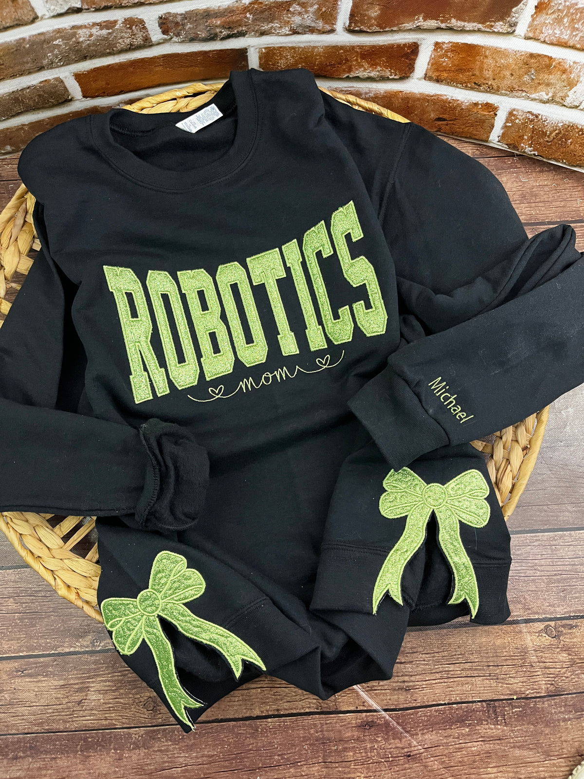 Custom robotics mom glitter embroidered sweatshirt with side bows - fabric detail