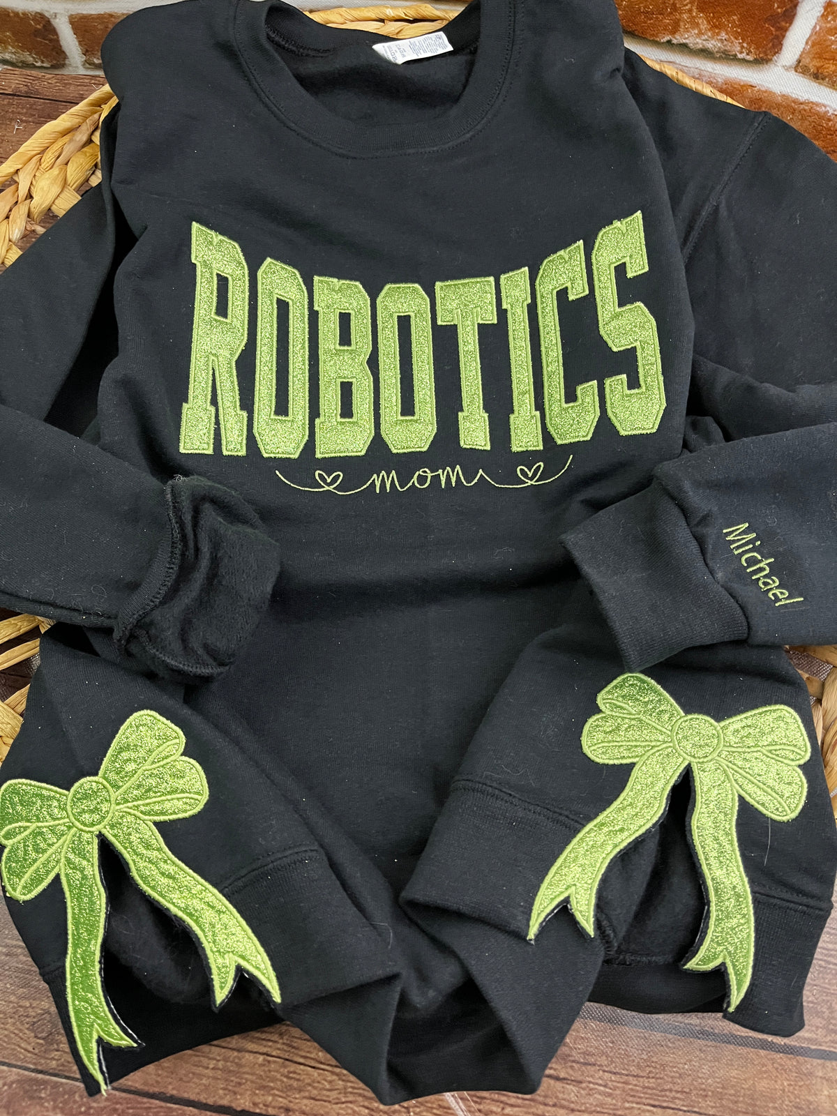 Custom robotics mom glitter embroidered sweatshirt with side bows - second detail view