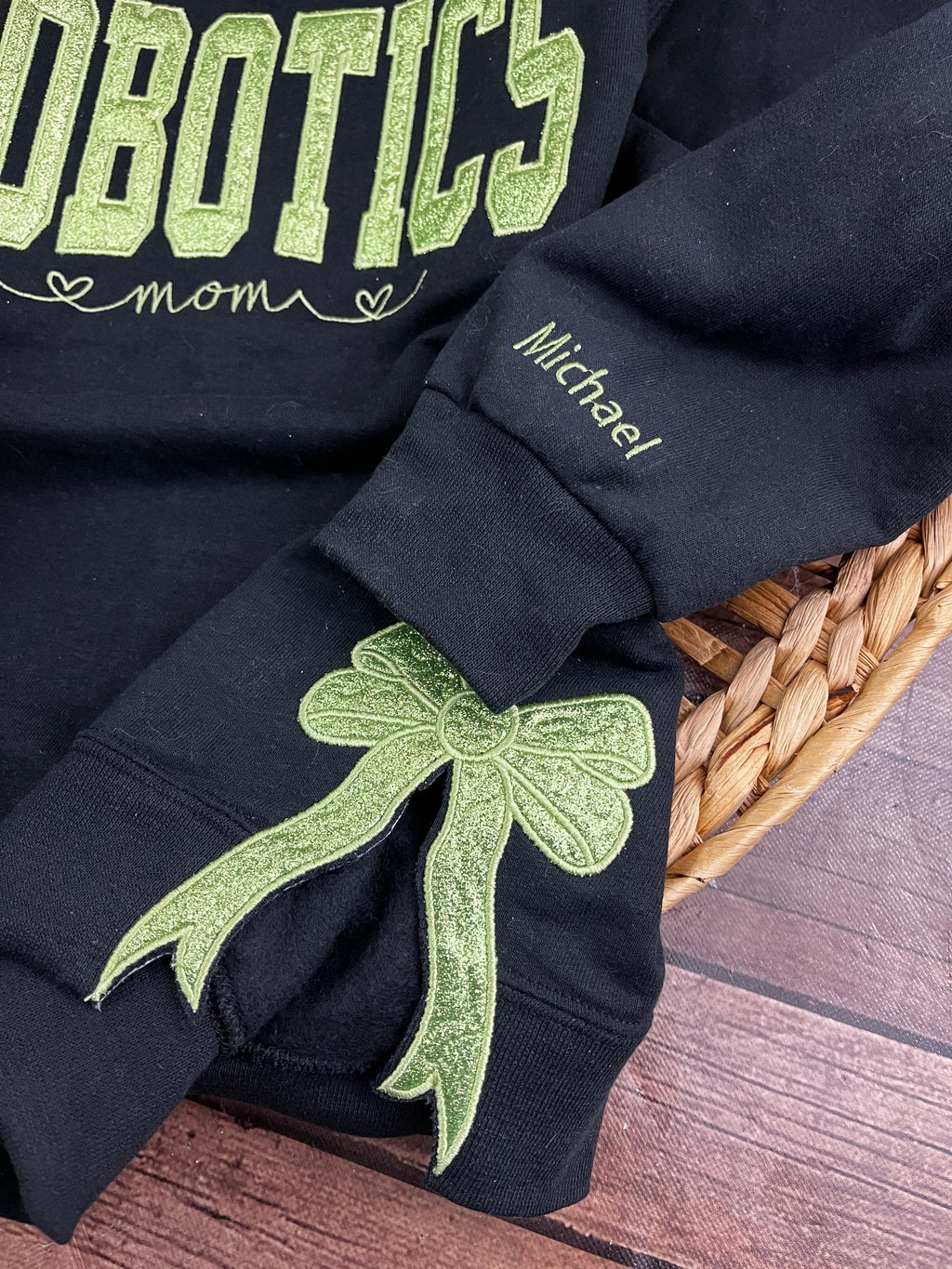 Custom robotics mom glitter embroidered sweatshirt with side bows - alternate view