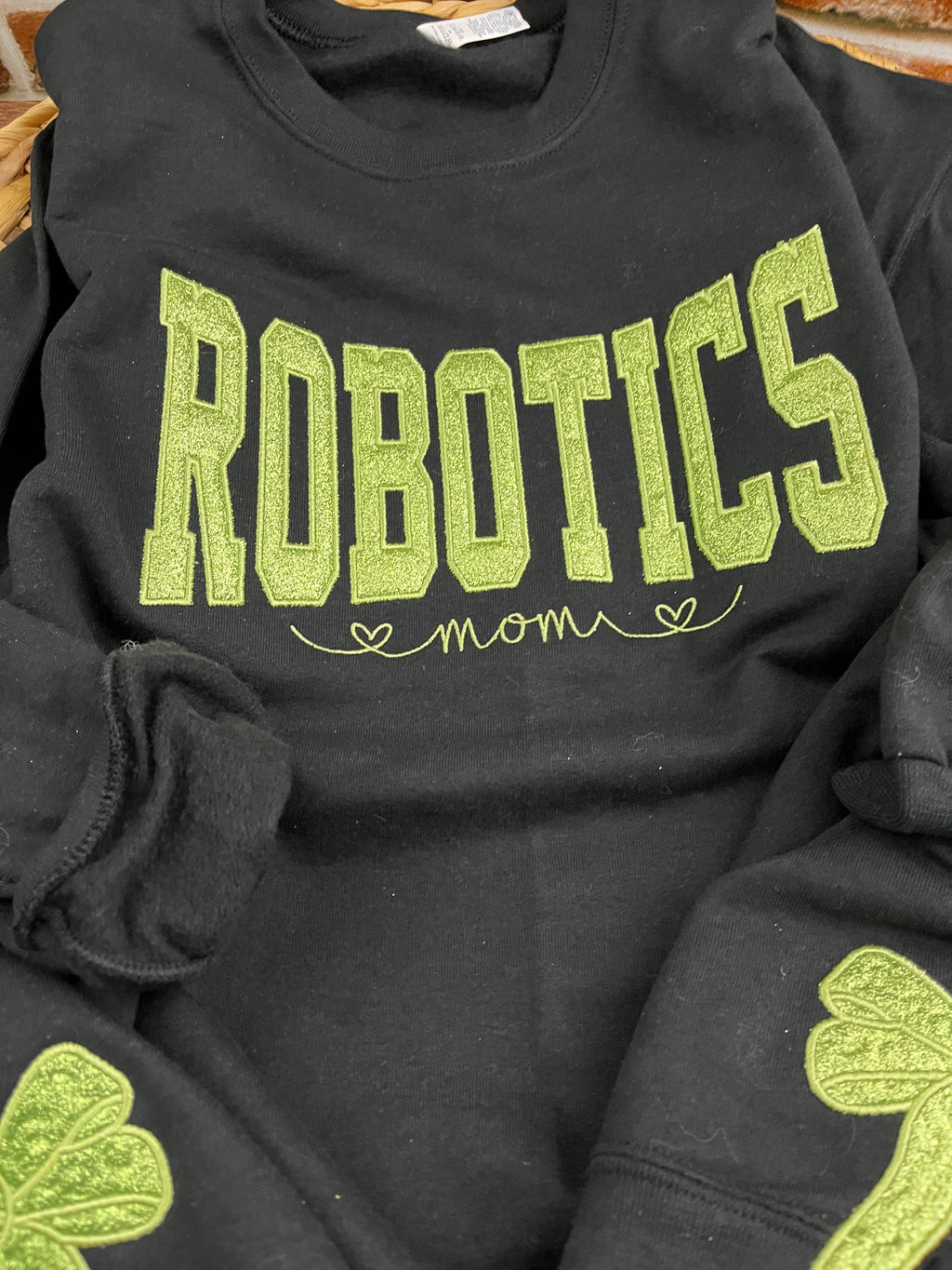 Custom robotics mom glitter embroidered sweatshirt with side bows - detail view