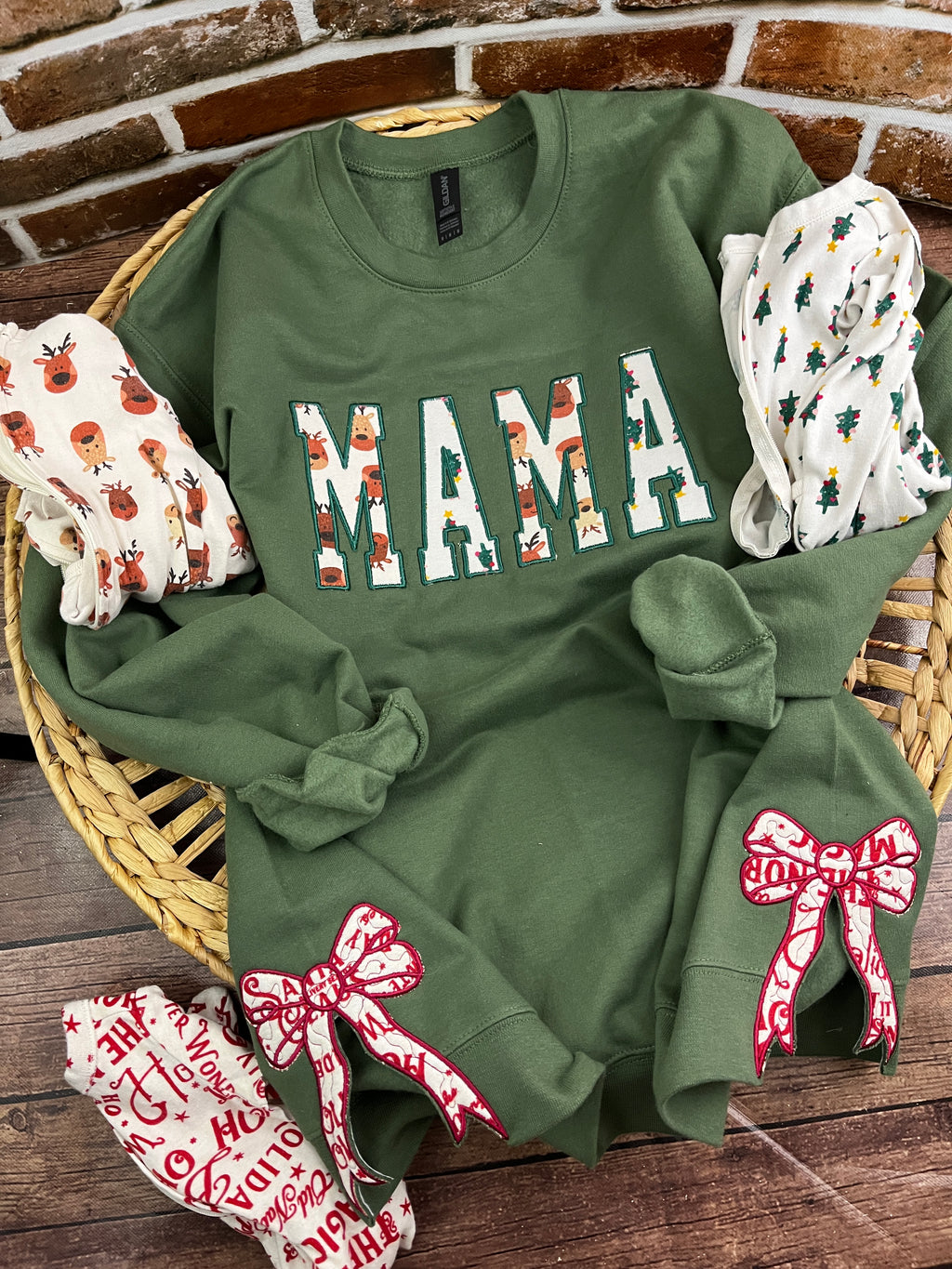 Mama keepsake sweatshirt with side bows appliqued from baby clothes