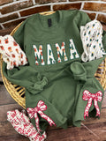 Mama keepsake sweatshirt with side bows appliqued from baby clothes