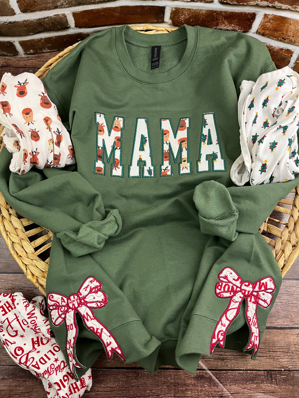 Mama keepsake sweatshirt with side bows appliqued from baby clothes - detail view
