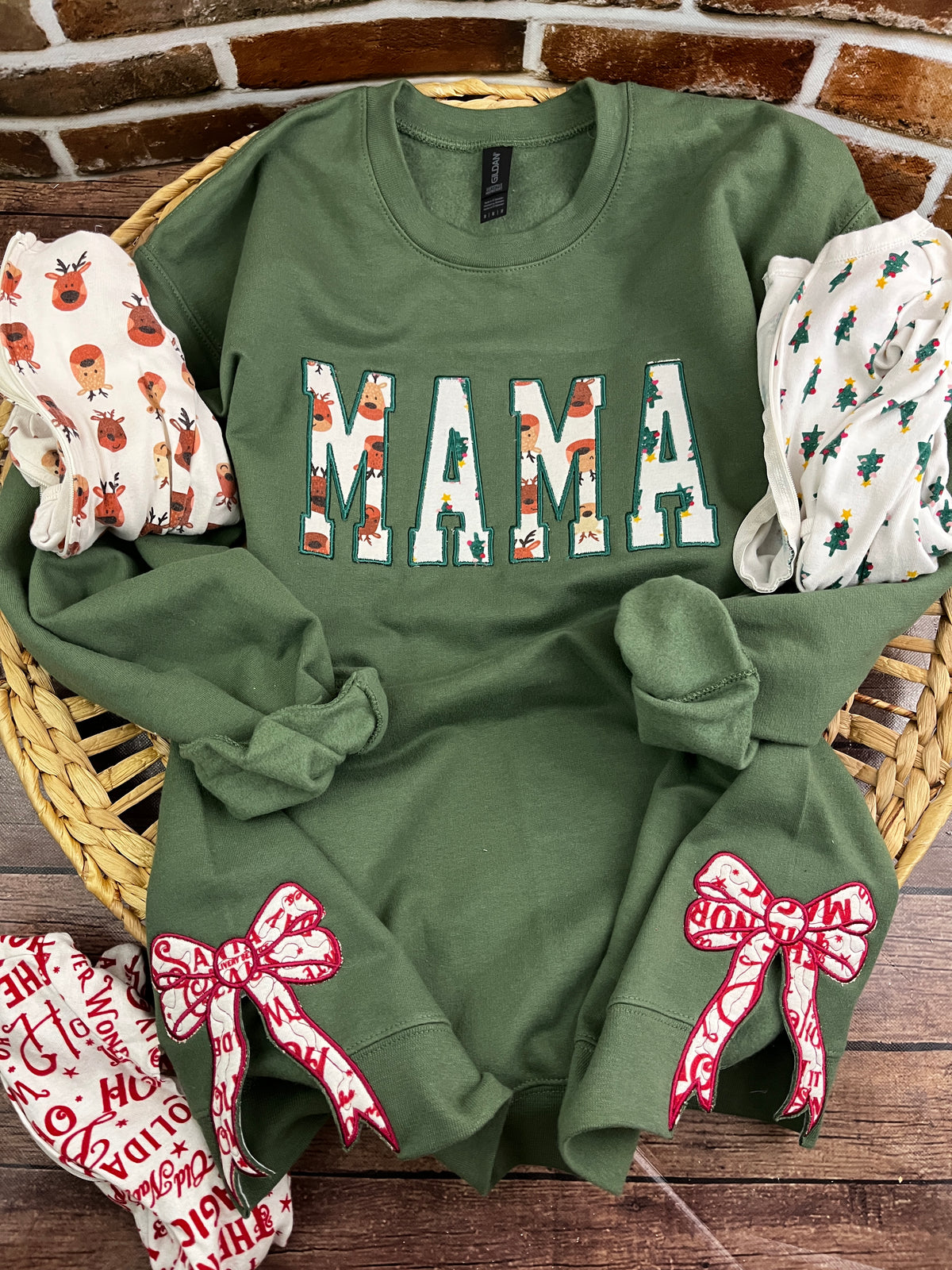 Mama keepsake sweatshirt with side bows appliqued from baby clothes - detail view