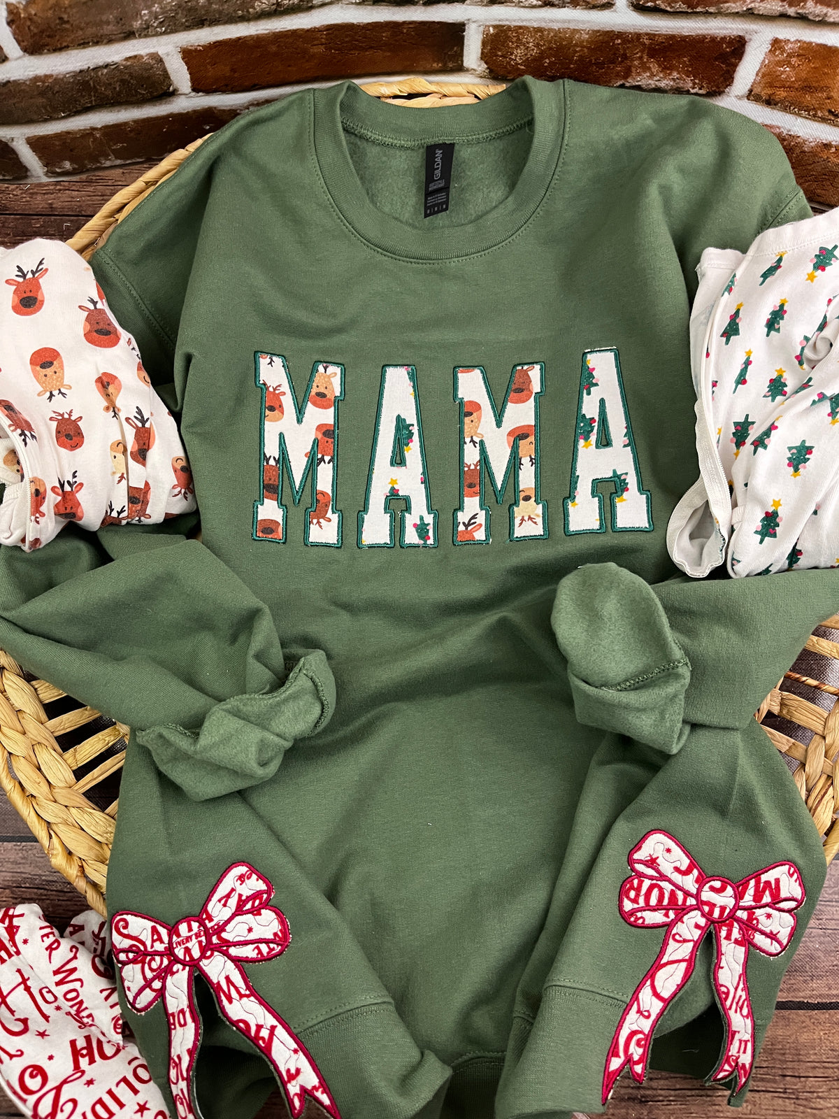 Mama keepsake sweatshirt with side bows appliqued from baby clothes - alternate view
