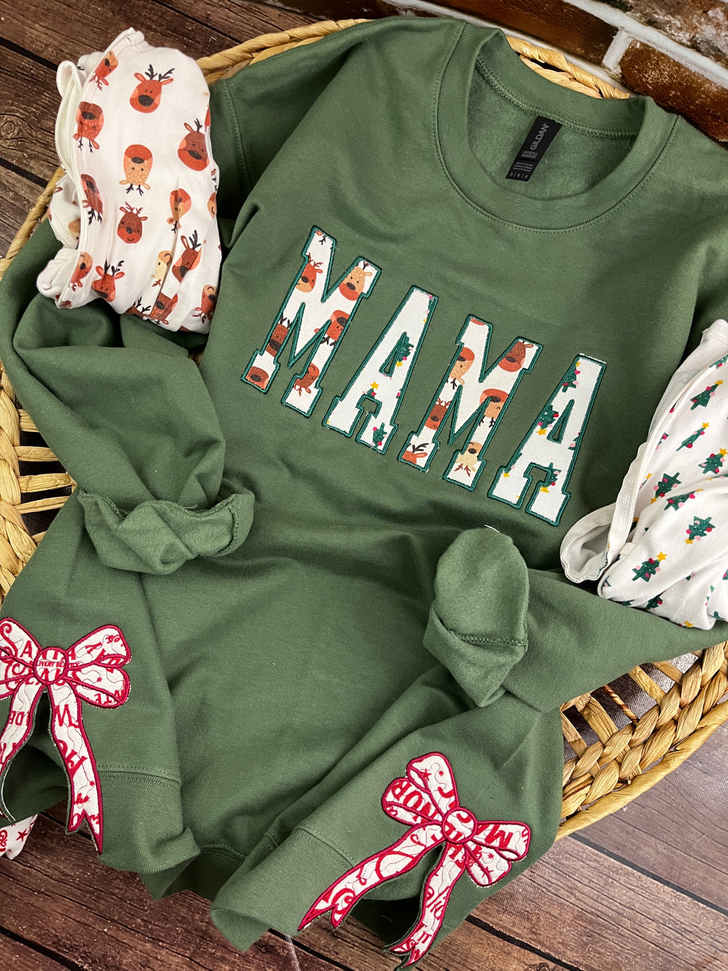 Mama keepsake sweatshirt with side bows appliqued from baby clothes - fabric detail