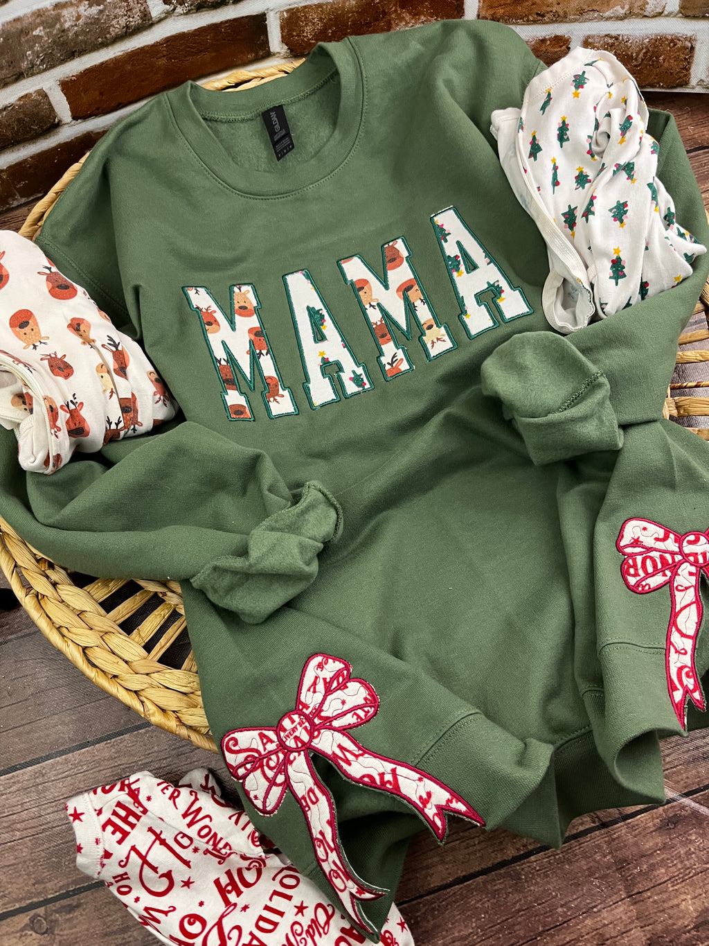 Mama keepsake sweatshirt with side bows appliqued from baby clothes - additional view