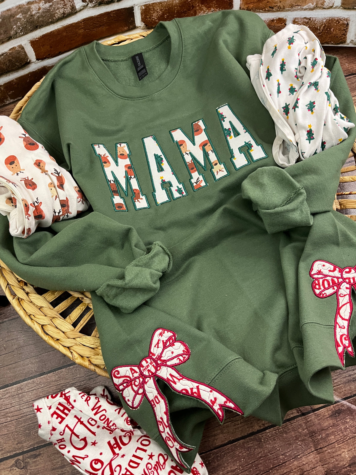 Mama keepsake sweatshirt with side bows appliqued from baby clothes - additional view
